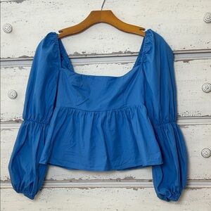 Reformation Jaxley Azure Blue Puff Sleeve Peplum Top Size 2